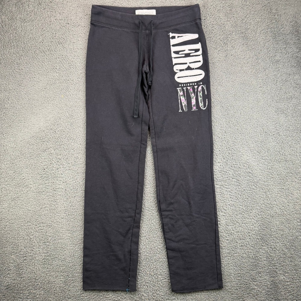 Aeropostale Womens Small Black Graphic NYC Floral Sequin Sweatpants Raw Hem